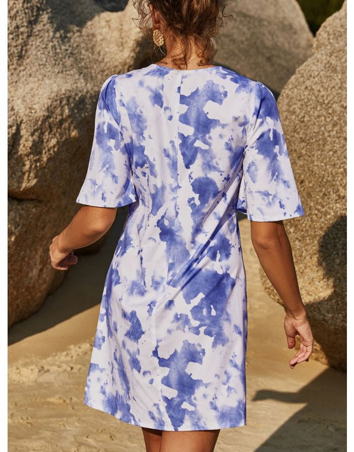Summer Dress V-Neck Short Sleeve Tie Dye Single Breasted Casual Short Dresses