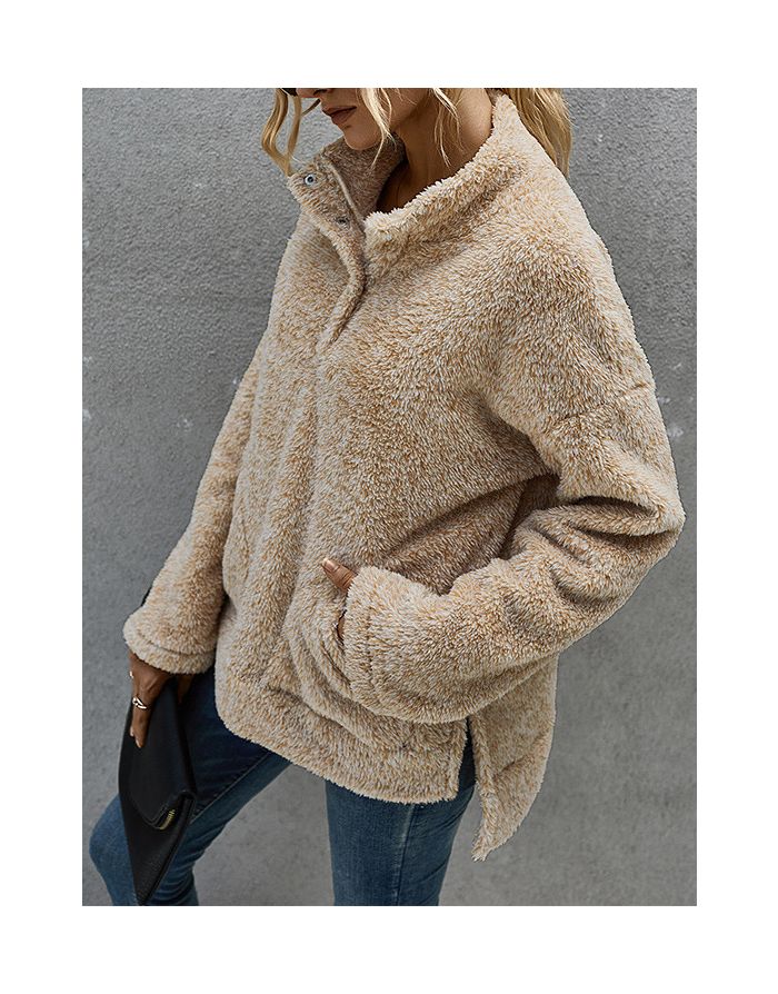 Winter New Plush Warm Pullover Sweatshirt Single Breasted Standing Collar Pockets Split Women Coat