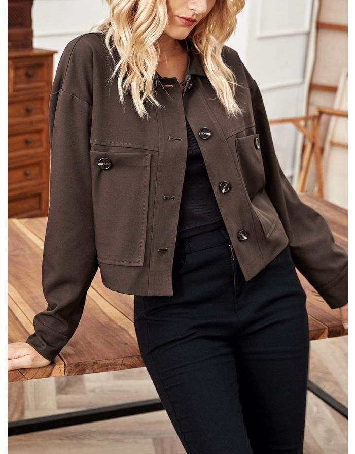 Fall Winter New Women Fashion Long Sleeve Cargo Coat Lapel Single Breasted Pockets Short Jacket
