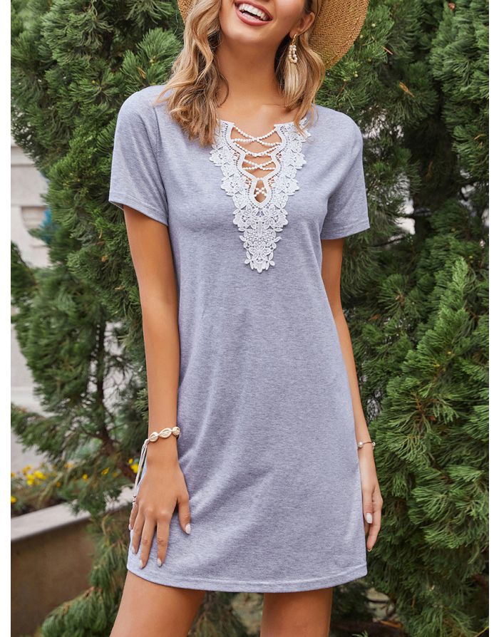 Spring Summer Women Lace Hollow Stitching V-Neck Short Sleeve Loose Knitted Casual A-Line Dress